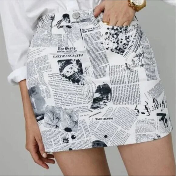 Reformation Jacki newspaper black White jean News Printed Skirt size 26 RARE! - Picture 1 of 6